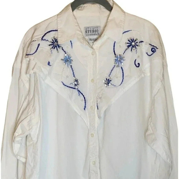 Vintage Embroidered Beaded Western Blouse Shirt Womens Size XL White Blue Button - Picture 3 of 6